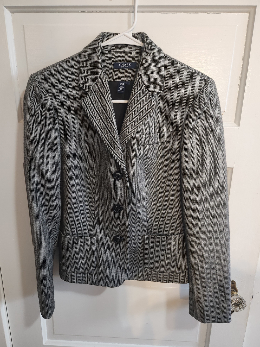 Chaps 100% Wool Herringbone Blazer Womens 6 Gray Black Preppy Riding Jacket